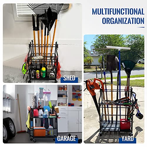 Mythinglogic Alloy Steel Storage Rack, Garden Tool Organizer with 4 Hooks, 16pc Racks, Heavy-Duty 3" Wheels