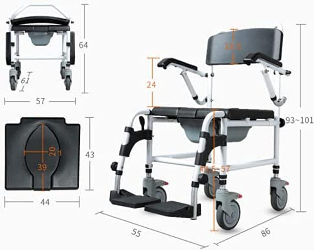 Komoda nocna o regulowanej wysokości z podnoszonym podnóżkiem, wyściełanym siedziskiem, oparciem, podnoszonymi ramionami i 4 zamykanymi kółkami dla mobilności i wygody