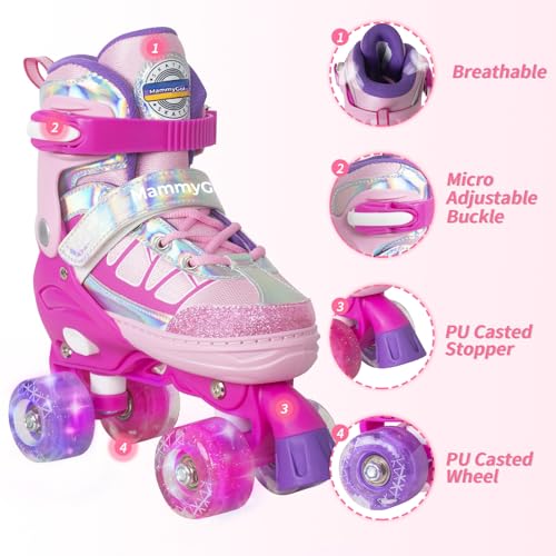 MammyGol Roller Skates for Kids Boys Girls, Adjustable Quad Skates with Light Up Wheels for Toddler Little Kids Ages 6-12, Beginners Outdoor Sports - image 3