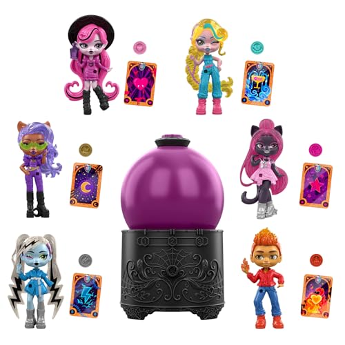 Monster High Potions bola de cristal mini bonecas surpresa de personagem de 7,6 cm com revelação surpresa ao aplicar água, adorno e carta da sorte (os personagens podem variar), JCX99