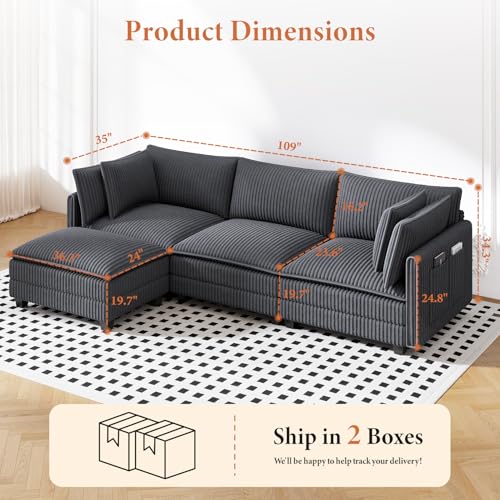 Image of Vesgantti 109 inch L Shaped Cloud Sectional Couch, Comfy Corduroy Upholstered Modular Couches for Living Room, Modern 3 Seater Sectional Sofa with Ottoman Deep Seat, Charcoal Grey
