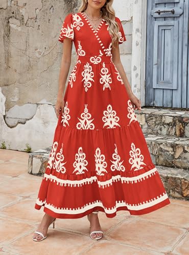 Image of PRETTYGARDEN Womens 2026 Summer Casual V Neck Boho Maxi Dress Flowy Aline Bell Sleeve Tiered Floral Dresses with Pocket