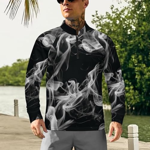 Beautiful White Smoke in The Black Men's Rash Guard Long Sleeves Quick Dry Fishing Workout Shirts with Zipper2
