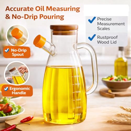 Image of 1000ml Glass Oil Dispenser Stoppers Bottle Spout free Glass Oil Bottle Cooking Oil Dispenser with Handle Pack of 1 Oil Bottle (1000ml wooden lid)