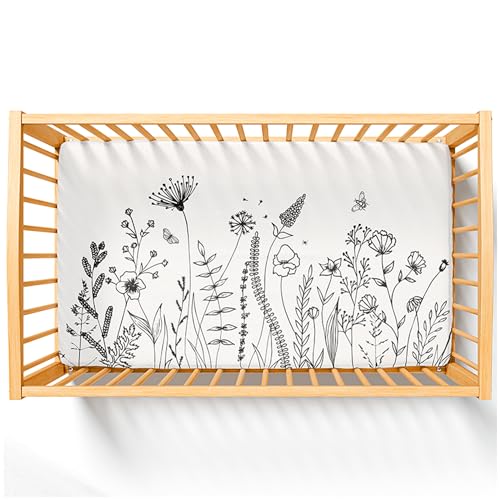 Image of Carlsbad Linen Company Organic Fitted Crib Sheet Breathable Muslin and Silky Soft Bamboo Ultimate Quality for Baby Boy or Girl Toddler (52"x28"x8") Black and White Grass Flower Silhouette