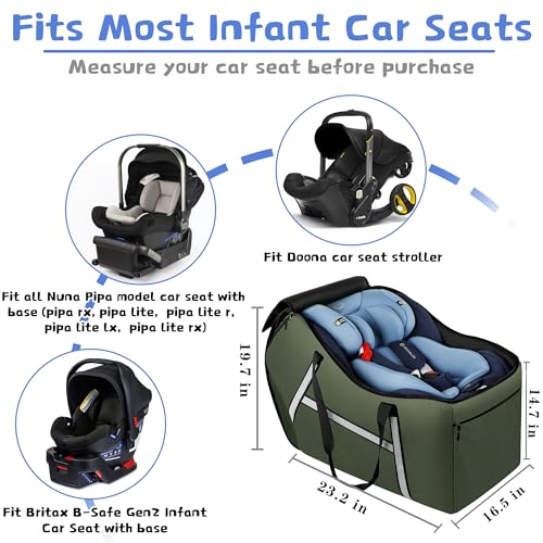 Image of Infant Car Seat Travel Bag for Airplane Compatible with All Nuna Pipa Car Seat and Base,Chicco KeyFit 30 and Base, Padded Car Seat Bags for Air Travel,Car Seat Gate Check Bag with Side Pocket, Green