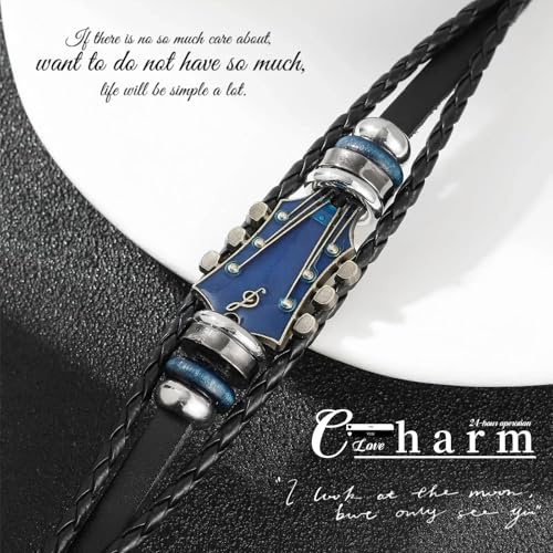 Image of Leather Bracelet for Men, Stylish Music Themed Guitar Bracelet, Adjustable Wristband for Casual Wear, Blue, Music Themed Gifts, 20.5 cm