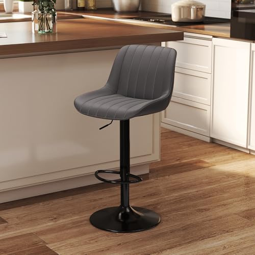 Image of Youhauchair Adjustable Faux Leather Bar Stools Set of 1, Dark Grey | Swivel, Counter Height, Back & Footrest, Armless, PU, Modern, Kitchen Island Stool, Upholstered Dining Room Chair