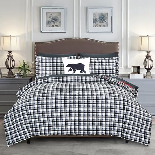 Image of Elegant Comfort 8-Piece Lodge Plaid Reversible Comforter Set - All Season Bed in a Bag, 4-Piece Sheet Set Featuring Smart Pockets, Matching Shams and Decorative Pillow, Full /Queen, Gray