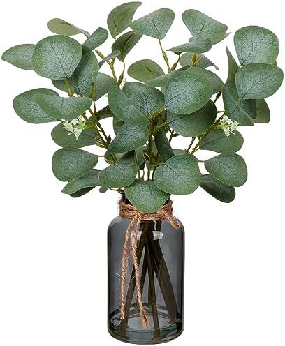 Briful Artificial Eucalyptus Stems in Black Glass Vase with Faux Water, 14
