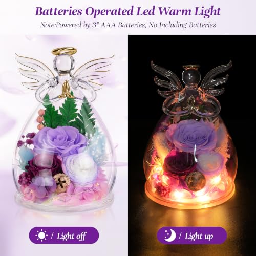 Image of encavy Birthday Gifts for Women,Fresh Flowers for Delivery,Preserved Rose Flowers in Angel Figurines,Light Up Purple Angel Real Rainbow Roses for Mom Grandma Wife Her Girlfriend Anniversary