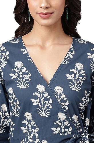 Image of Janasya Women's Cotton Floral Printed Wrap Dress