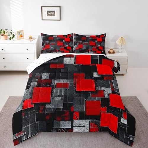 Image of Feelyou Red Black Comforter for Kids Toddler Size Geometric Grid Comforter Set Boys Girls Geometrics Comforter Abstract Art Duvet Insert Bed Set 2Pcs