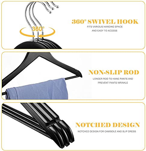 Image of WHISKET Solid Wood Hangers,Premium Wood Hangers with 360-Degree Rotatable Hook and Notches, Natural, Heavy Duty Wood Hangers for Coats, Suits, Jackets, Closet (Black) [Pack of 40]