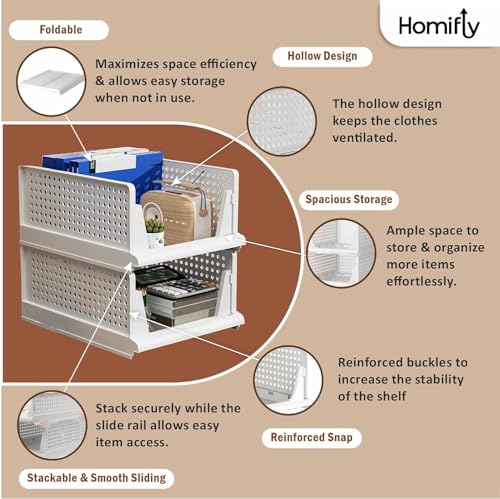 Image of HOMIFLY Pack of 10 Large Foldable Cloth Storage Organizer /Stackable Wardrobe Organizer For Clothes /Multipurpose Sliding Basket /Rack Organiser Storage /Shirt Stacker Box (44 x 33 x 181 cm, White)