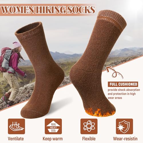 Image of Velice Wool Socks for Women Merino Wool Boot Hiking Thick Thermal Warm Winter Crew Cushion Cozy Work Socks 5 Pairs
