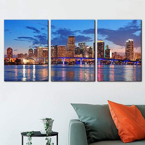 3 Pieces Canvas Wall Art Miami Florida Cityscape & Skyline Pictures Prints City Poster Home Decor Modern Artwork for Walls Paintings Home Office Wall Decor Stretch Framed Ready to Hang - 20" x 28" x 3 by Pacimo - Used condition - Image 2