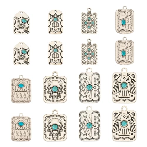 pandahall 16Pcs Turquoise Alloy Pendants Turquoise Stone Charms Rectangle Arch