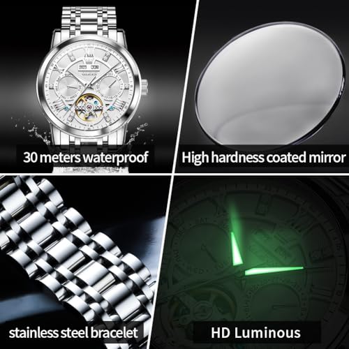 Image of OLEVS Automatic Watches for Men Self Winding Mechanical Skeleton Luxury Dress Stainless Steel Diamond Men Wrist Watches