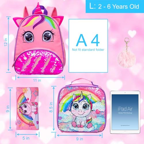 UFNDC Toddler Backpack for Girls, 3pcs Unicorn Sequin Preschool Bookbag with Lunch Box,Cute Kindergarten School Bag3
