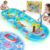 Gaethra Wassertisch Spielzeug 3+ Jahr, Wassertisch Kinder Outdoor mit 2 Boote, 6 Tierfiguren, Wasserbahn Draußen Wasserpark Spielset für Kinder 3+ Jahr