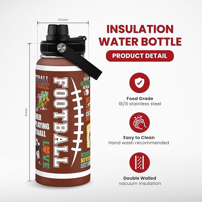 Image of SANDJEST American Football Insulated Stainless Steel Water Bottle 32oz, Vacuum Chug Lid Travel Tumbler for Men Friends Dad Football Lovers Fans Coaches, Birthday Christmas Father's Day