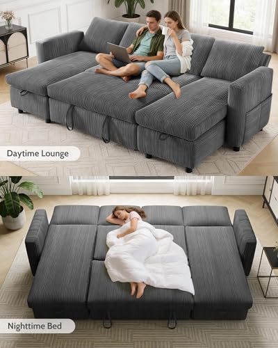Image of WEUP 106 inch U Shaped Sectional Sleeper Sofa Bed with Pull Out Bed, Sectional Sleeper Couch Pull Out Couch with Reclining Backrest /Reversible Storage Chaise /USB Ports /Tool-Free Assembly, Corduroy Grey