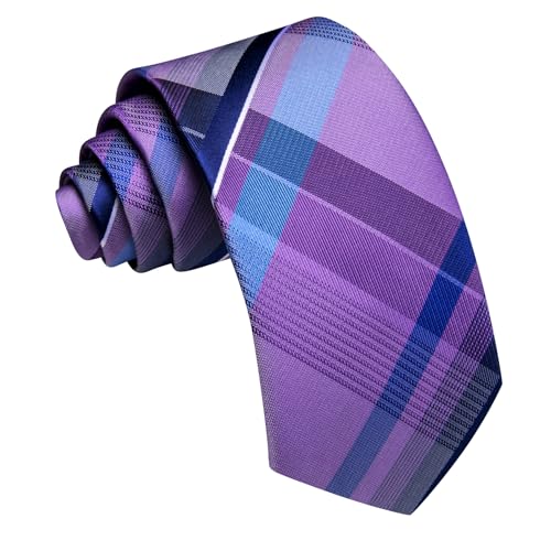 Image of Barry.Wang Plaid Ties Mens Silk Necktie and Tie Clip Checkered Tie for Wedding Party Business Formal