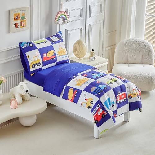 Image of White Navy Toddler Bedding Set for Boys Girls Colorful Cars Vehicle Auto Fire Engine Bulldozer 4PC Toddler Bed Set - Soft Cute Toddler Plaid Patchwork Bed in a Bag with Sheet Set and Pillow Shams