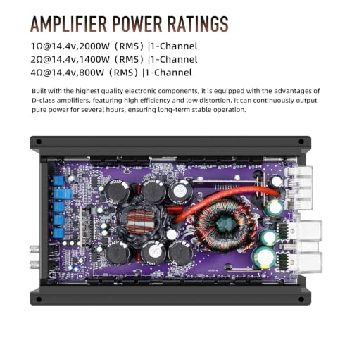 Image of Class D Monoblock Amplifier, 1 Ohm 2000W RMS, Aluminum Housing,Black | High-Efficiency Heat Dissipation,MOSFET Power Supply, LPF, Bass Boost & Remote Bass Control,10HZ-250Hz Frequency Response
