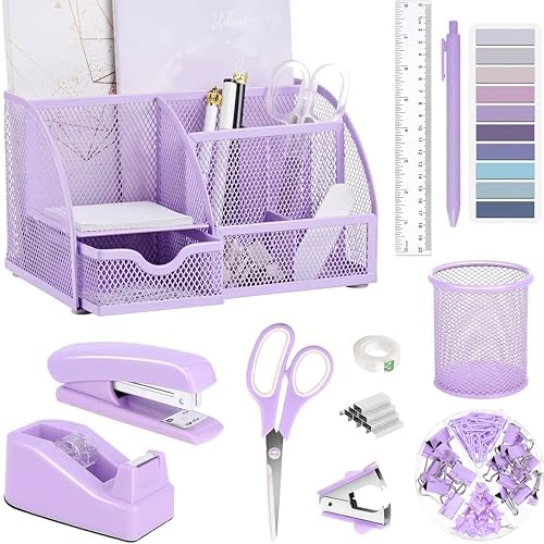 Purple Office Desk Accessories Supplies, 12pcs Desk Organizers and Accessories with Tape dispenser and Stapler,Staples,Staple Remover,Pen Holder,Scissor,Ruler,Sticky Tabs,Tape,Ballpoint Pen,Clips Set Purple Office Desk Accessories Supplies, 12pcs Desk Organizers and Accessories with Tape dispenser and Stapler,Staples,Staple Remover,Pen Holder,Scissor,Ruler,Sticky Tabs,Tape,Ballpoint Pen,Clips Set