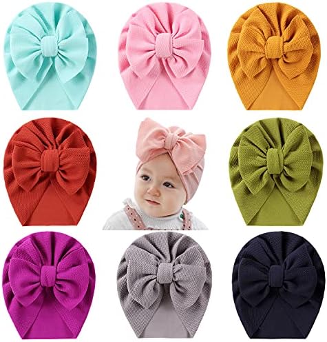 Cinaci 8 Pack Knotted Big Bowknot Hair Bow Turban Hats Beanie Caps Headwraps for Baby Girls Infants Toddlers Kids