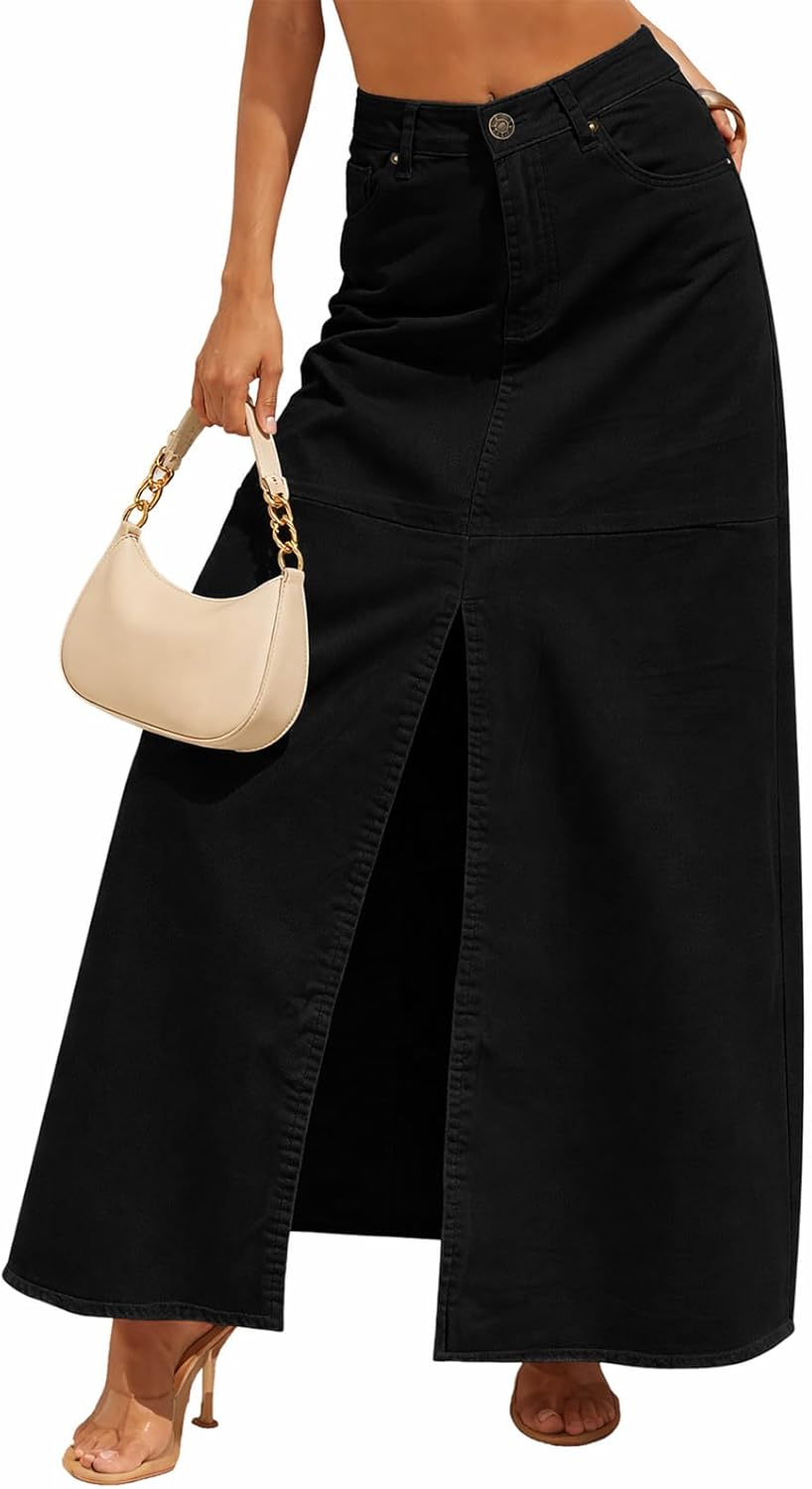 YUNDAI Women’s High Waist Denim Maxi Skirt with Pocket Front Slit Long Jean Skirt Casual Outfit