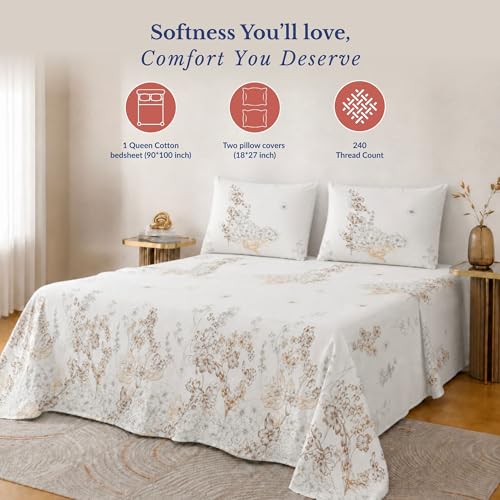Image of Jaipur Weaves Double Bed Cotton Bedsheet Queen Size 90x108, 100% Pure Cotton Bed Sheet with 2 Pillow Covers, 240 TC Soft Breathable Floral Design - (Brown, Queen)