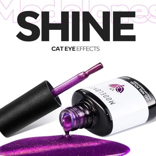 Image of modelones Cat Eye Gel Nail Polish, Purple Magnetic Nail Polish with Magnet Yellow Glitter Soak Off U V Winter Gel Polish Shimmer Nail Art Top Coat Manicure Salon DIY