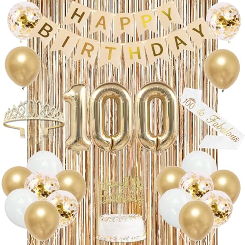 Image of Trgowaul 100th Birthday Decorations for Women, Banner, Sash and Crown, Cake Topper, 100 Number Balloon, Fringe Curtains, Champagne Gold 100th Birthday Party Supplies