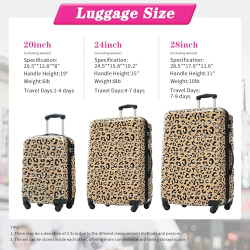 Hardshell 3-Piece Luggage Set for Stylish Travel, Lightweight Spinner Suitcases, Brown Leopard Pattern, 20" 24" 28"2