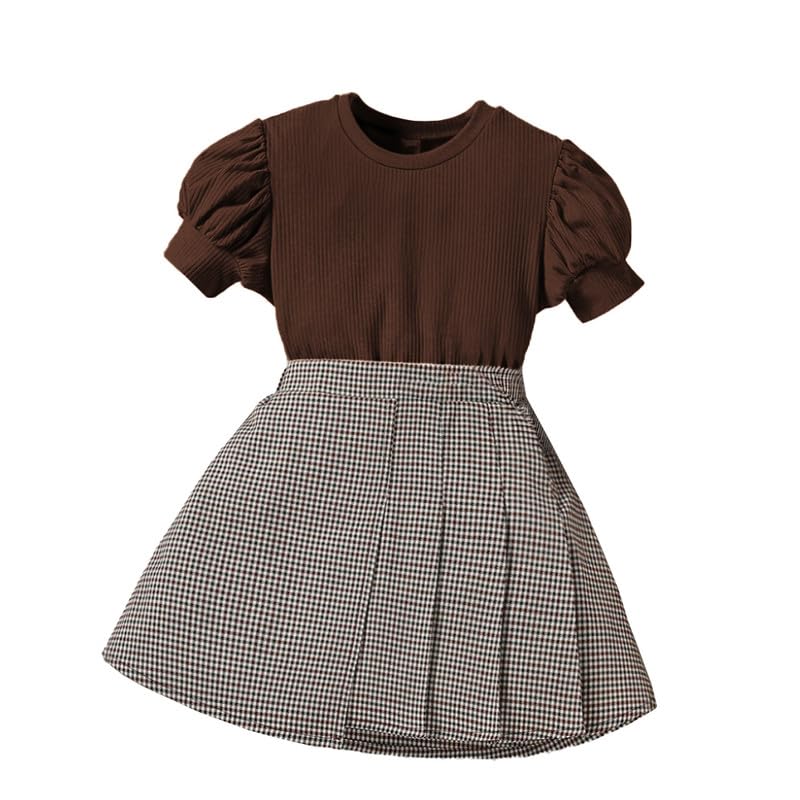 Trendy Brown Puff Sleeve Top & Pleated Checkered Skirt Set for Girls – Stylish Casual Outfit for Birthdays, Outings & Festive Occasions