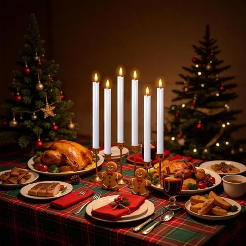 Image of Wondise White Flameless Taper Candles with Timer, 6 Pack Battery Operated LED Flickering Real Wax Candle for Christmas Thanksgiving Wedding Decorations