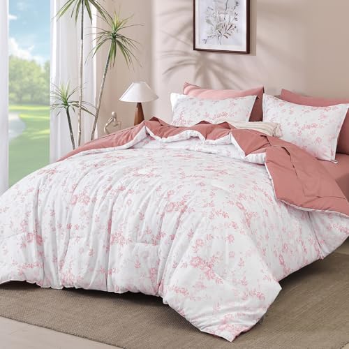 Luxudecor Pink Floral Queen 7-Piece Bed in a Bag