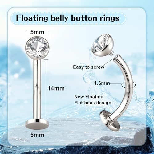 YADOCA 7PCS Floating Belly Button Ring for Women Hypoallergenic Surgical Stainless Steel Belly Rings Internally Threaded CZ Opal Long Bar Navel Barbell Flat Back Belly Piercing 8 10 12 14 16MM Silver Gold2