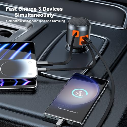 Image of 60W Retractable Car Charger, 3-Port USB-C Car Charger Adapter with Built-In Retractable Cable, Fast Charging Cigarette Lighter Adapter for iPhone 17 /16 /15, Galaxy S26 /S25, Pixel, iPad(Orange)