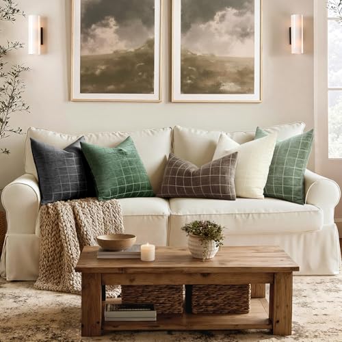 Image of MIULEE Sage Plaid Decorative Throw Pillow Covers 20x20 Set of 2 | Vintage Check Chenille Couch Pillows Neutral Boho Farmhouse Cushion Covers Modern Home Decor for Sofa Bed Living Room