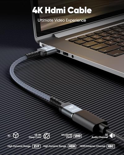 Image of Highwings 4K Short HDMI Cable 1.72ft /52.5cm Total Length, 1.36ft /41.5cm Cable Length HDR Braided HDMI Cord, High Speed with Ethernet /ARC, 3D, HDCP 2.2, Compatible for PS-4 /3 /Monitor /Streaming Media