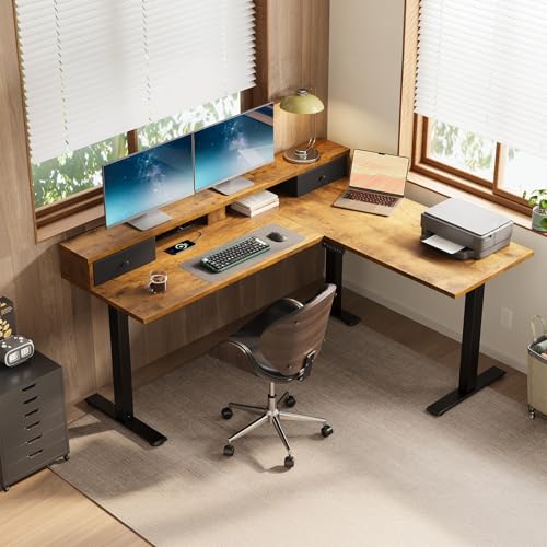 Image of Casaottima 59 Inch Electric L-Shaped Standing Desk with Drawers, Height Adjustable Stand Up Corner Desk with Monitor Stand, Lift Table for Home, Office, Workstation, Rustic Brown