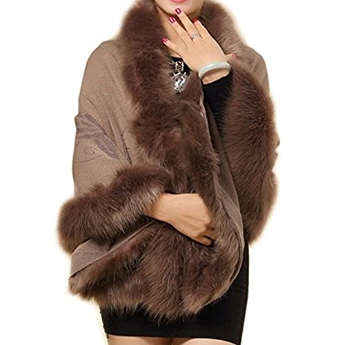 Roniky Women Luxury Bridal Faux Fur Shawl Wraps Cloak Coat Sweater Cape (Khaki)