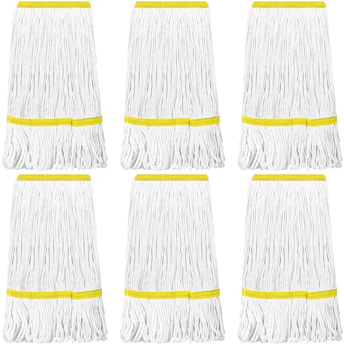 Image of Eccliy 6 Pack Commercial Mop Heads Replacement Heavy Duty 18 oz Loop End Cotton String Wet Mop Refills Washable Absorbent Reusable for Industrial Home Tile Wood Concrete Floor (White,Yellow)