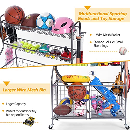 Image of Kinghouse Rolling Sports Equipment Organizer with Wheels, Garage Ball Storage Rack for Basketball, Toys, for Garage, Indoor, Gym, Outdoo, Includes Metal Storage Bin, Bat Holder, Hooks
