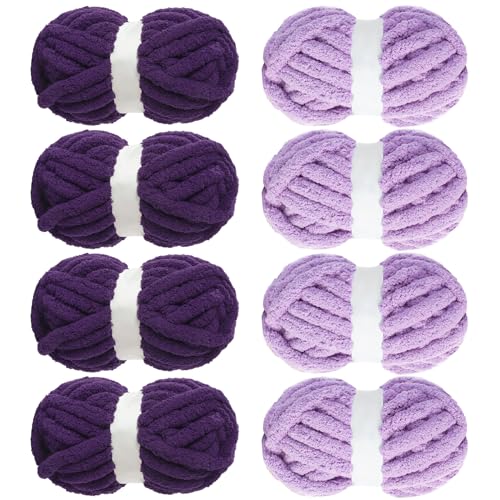 MABOZOO Assorted Chunky Yarn for Hand Knitting 8 Pack Fluffy Jumbo Chenille Yarn Soft Plush Yarn Bulky Thick Fuzzy Yarn for Hand or Arm Knitting 4 Purple & 4 Dark Purple(27yds 8 oz Each Skein)