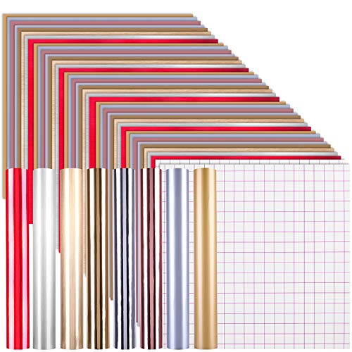 IModeur Permanent Adhesive Vinyl Sheets - 12 x 12 Pack of 42, Bundle of True Metallic Colors, Includes Transfer Tape with Red Grid Line, Easy Use for Cricut, Silhouette Cameo